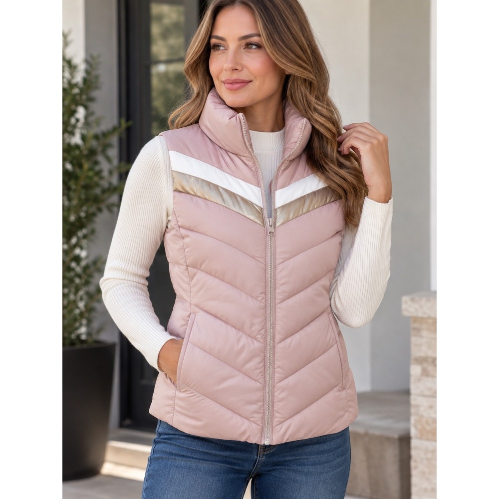 SO Women Blush Pink Puffer Vest Metallic Gold White Chevron Quilted Size L NWT